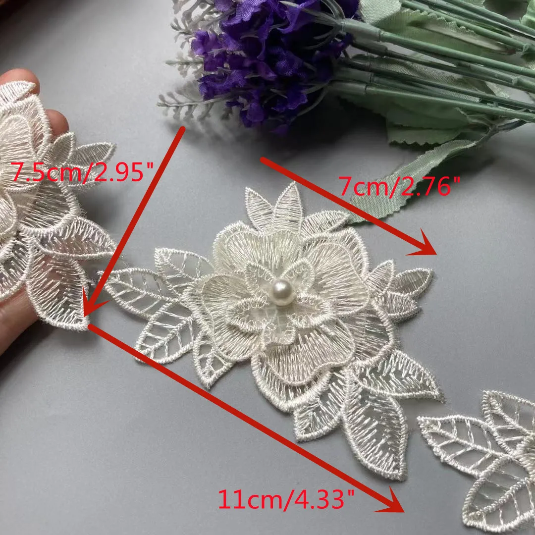 

10X Lace Trim Ribbon Pearl Ivory Beaded Polyester Flower French Fabric Handmade Embroidered Knitting Patches Sewing Craft 11cm
