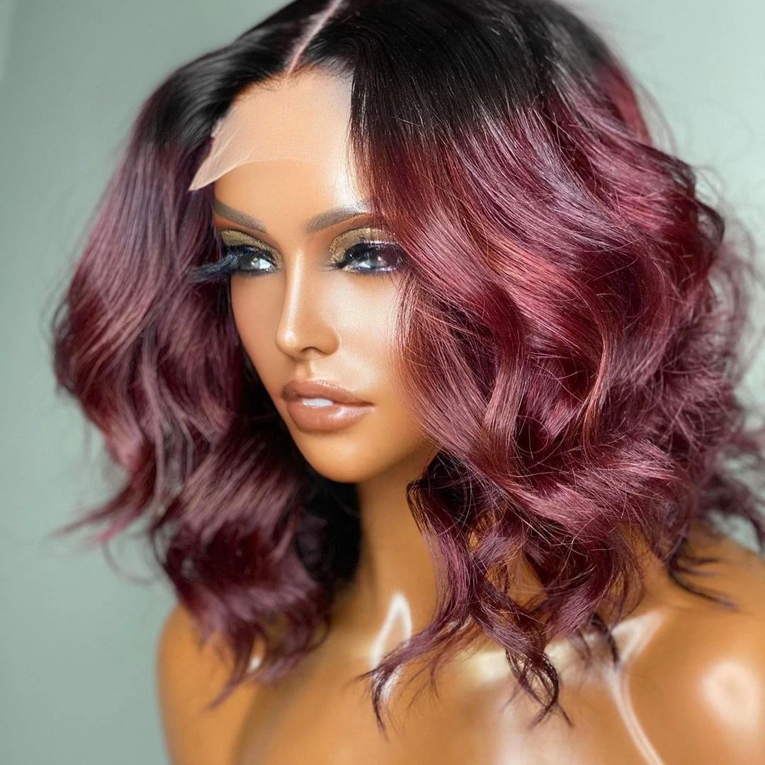 

Short Bob 13x4 Lace Front Wig 1B 99J Body Wave Burgundy Human Hair Wig Brazilian Remy Pre Plucked Ombre Wine Red 180 Density