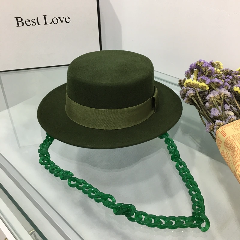 2021 new arrival style green flat top wool hat for women with green chains fashion party felt hat male tide jazz hat
2021 new arrival style green flat top wool hat for women with green chains fashion party felt hat male tide jazz hat