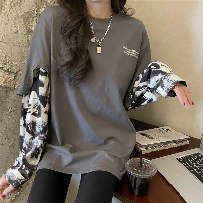 KOSAHIKI 2021 T-shirt Patchwork O Neck Casual Women Tee Shirt Harajuku Fake Two Piece Loose Tops Irregular Long Sleeve Tshirts
KOSAHIKI 2021 T-shirt Patchwork O Neck Casual Women Tee Shirt Harajuku Fake Two Piece Loose Tops Irregular Long Sleeve Tshirts