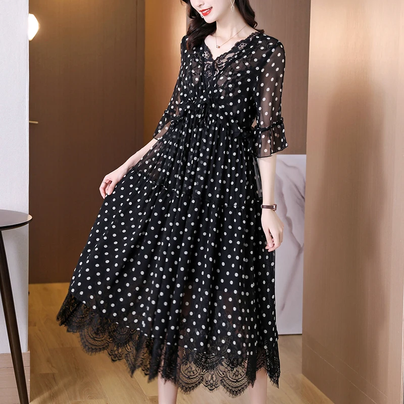 

WTIANYUW Silk Dot Lace V Neck Flare Sleeve High Quality Women Luxury Black New 2021 Long Dress Fashion Elegant Vestidos