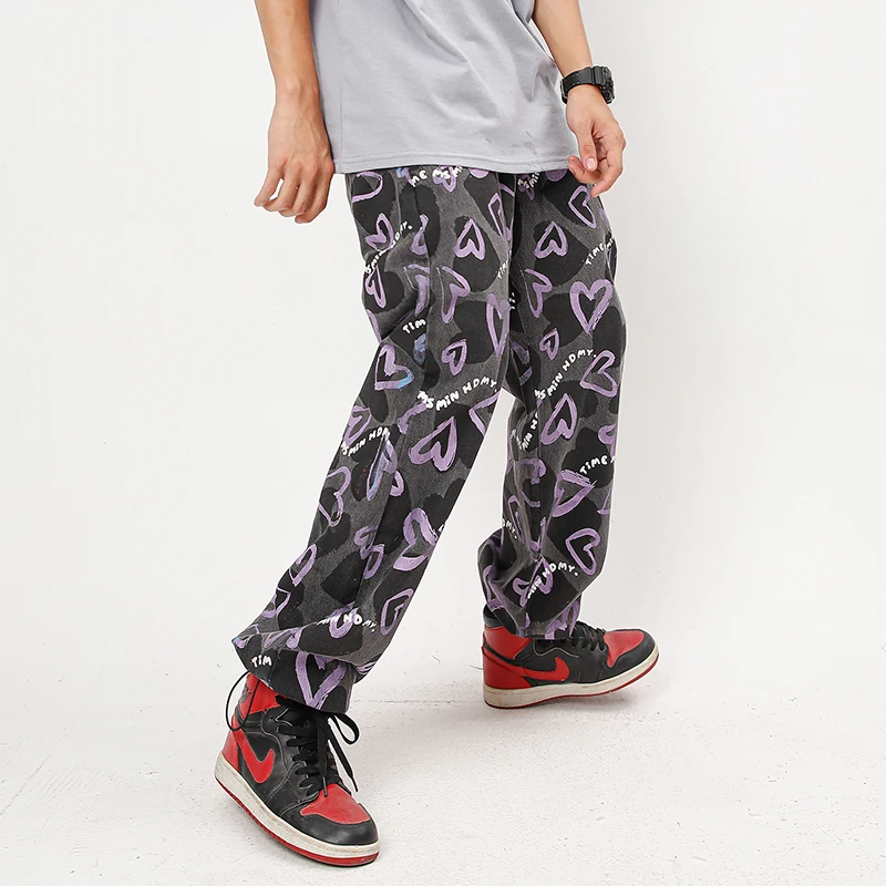 

Джинсы в стиле хип-хоп с надписью и принтом Love, брюки с эффектом потертости, мужские и женские прямые мешковатые джинсовые брюки со шнурком