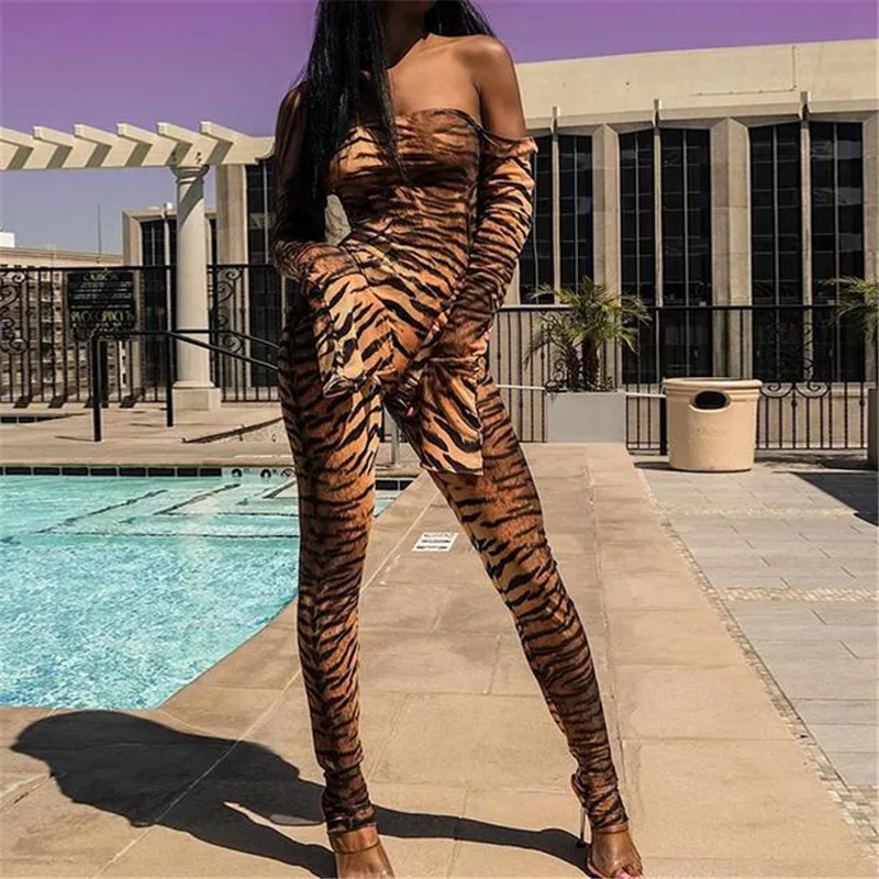 

Sexy Women Off Shoulder Slim Playsuit New Long Flared Sleeves Print Casual Party Jumpsuits Autumn Spring Leotard Trousers Romper