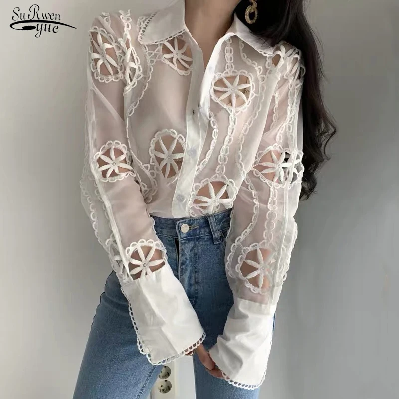 

High Quality Hollow Out Floral Embroidery Elegant Shirt Lady Sexy See Through Long Sleeve Loose White Blouse Top New Trend 13369