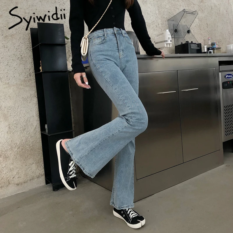 

Syiwidii High Waisted Stretch Flare Jeans Women Denim Pants Back Slit Casual 2021 Korean Spring Blue Skinny Bell Bottom Trousers