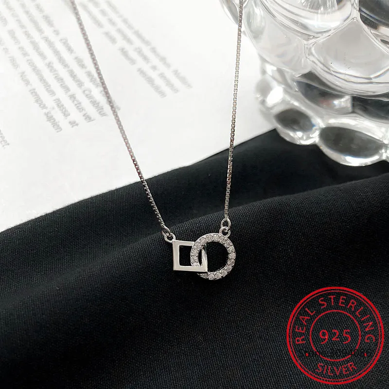 

Ожерелье из стерлингового серебра 925 пробы, квадратное и круглое ожерелье, милая цепочка до ключиц с фианитами, геометрический кулон, чокер, ...
