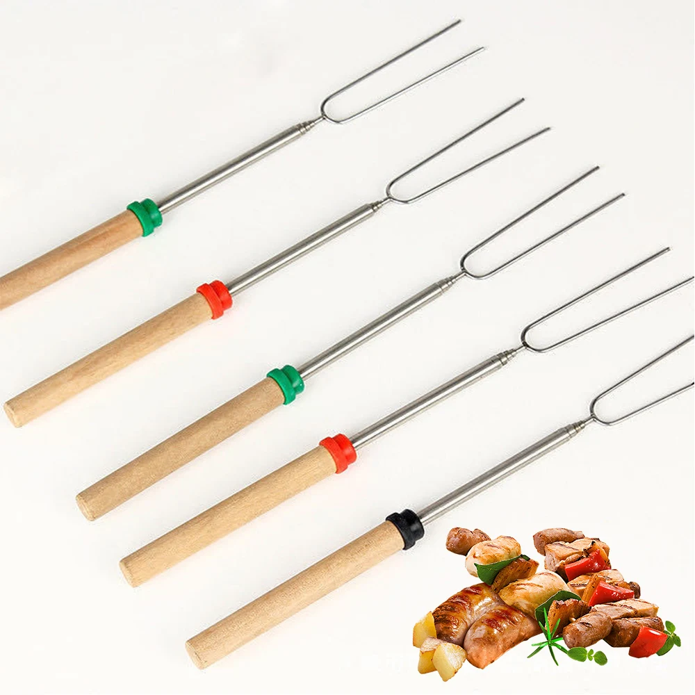 

Kitchen BBQ Roasting Sticks With Wooden Handle Extendable Forks 32Inch Telescoping Skewers For Campfire, Fire Pit And Sausage