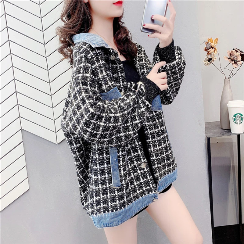 denim stitching sweater jacket women retro lazy outer wear 2020 spring autumn Korean version of the plaid knitted cardigan coat
denim stitching sweater jacket women retro lazy outer wear 2020 spring autumn Korean version of the plaid knitted cardigan coat