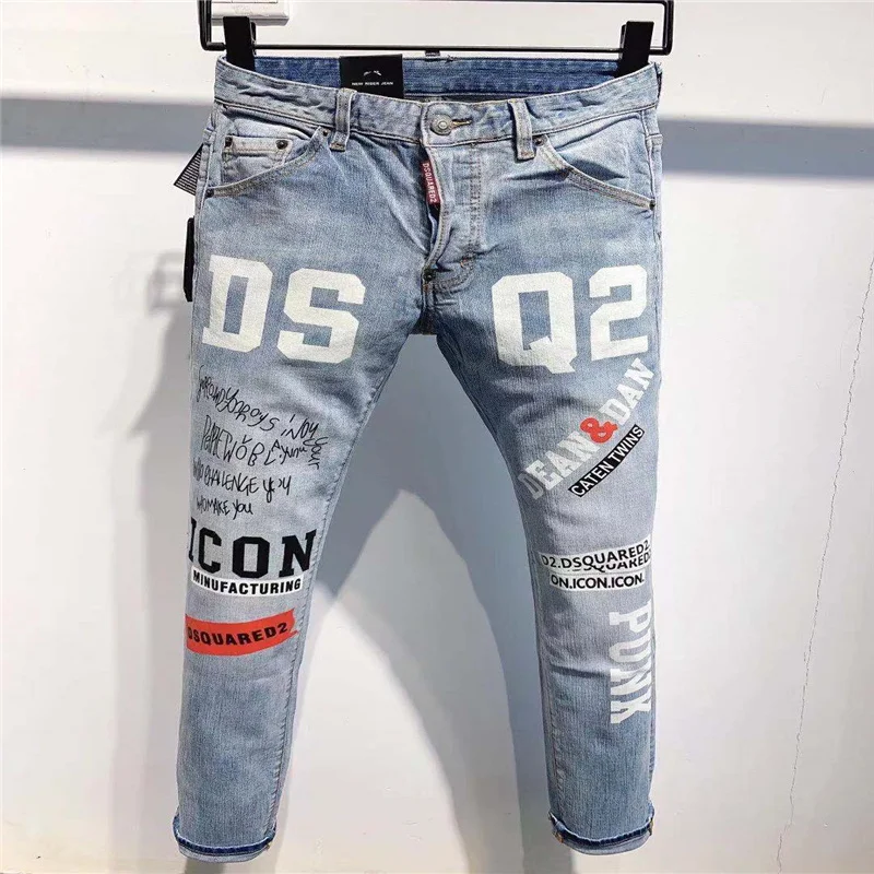 

2021 Europe and the United States DSQ stretch hole maple leaf Dsquared2 jeans men's four seasons slim straight jeans D2