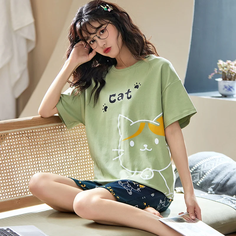 Kawaii Cats Cartoon Cotton Pajamas For Women Short Sleeve Shorts Summer Casual Female Homewear Korean Girl Fresh Green Sleepwear
Kawaii Cats Cartoon Cotton Pajamas For Women Short Sleeve Shorts Summer Casual Female Homewear Korean Girl Fresh Green Sleepwear