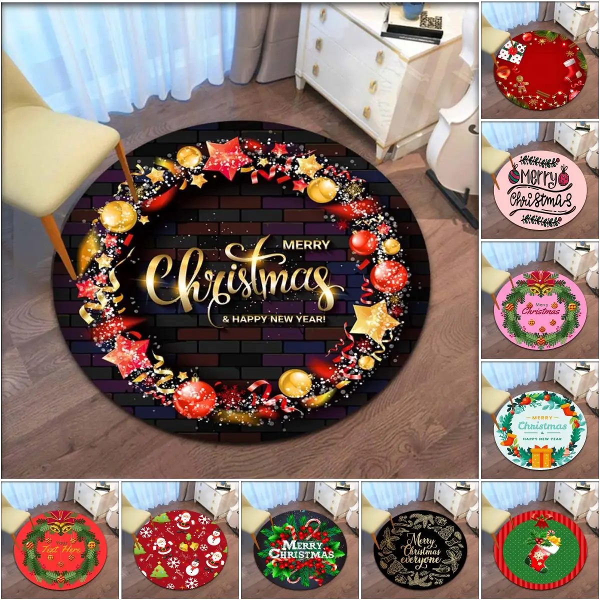 

Christmas Snowflake and Christmas Santa Claus Soft Shaggy Round Area Rug Living Room Bedroom Non-slip Floor Mat