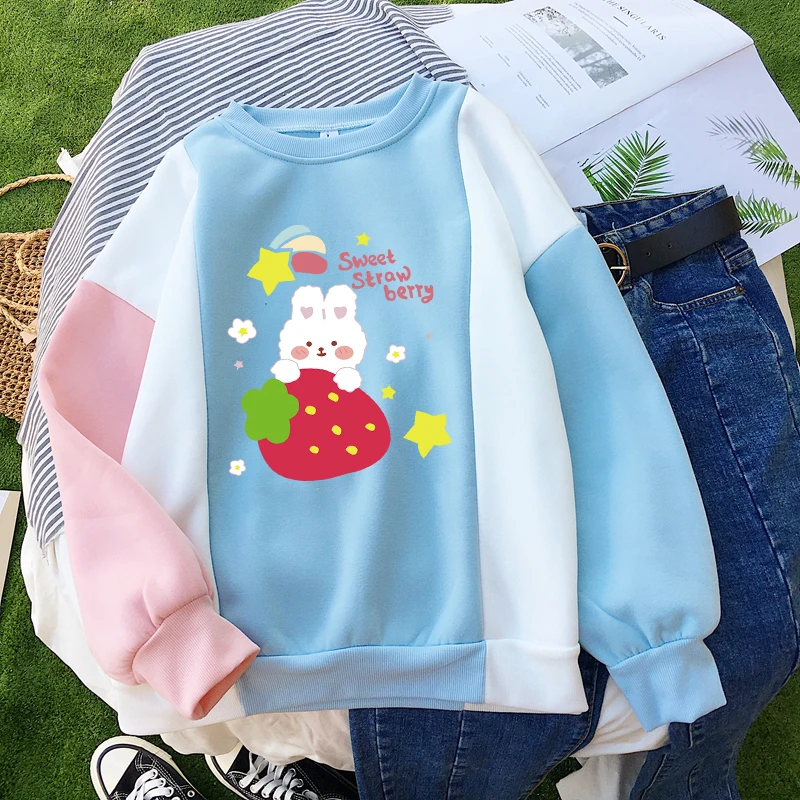 Fall Winter Women Patchwork Fleece O-neck Sweatshirt Cartoon Cute Sweet Strawberry Rabbit Graphic Print Fashion Korean Pullover
Fall Winter Women Patchwork Fleece O-neck Sweatshirt Cartoon Cute Sweet Strawberry Rabbit Graphic Print Fashion Korean Pullover