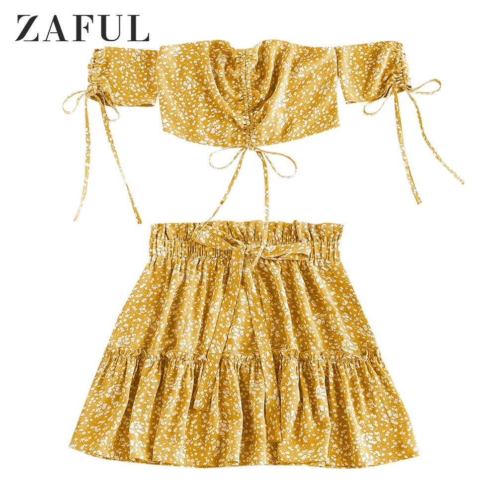 

ZAFUL Ditsy Print Cinched Smocked Off Shoulder Frilled Skirt Set Tiny Floral Shirred Short Sleeves Top Bowknot Ruffle Skirt Sets