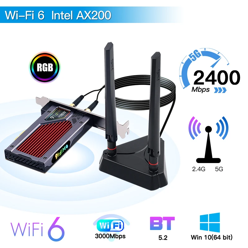 3000 Мбит/с Wi-Fi 6 PCI-E Bluetooth 5,1 Двухдиапазонная игровая Беспроводная компьютерная карта PCIe RGB Адаптер 2,4G/Φ 802.11AX Wi-Fi Intel AX200
3000 Мбит/с Wi-Fi 6 PCI-E Bluetooth 5,1 Двухдиапазонная игровая Беспроводная компьютерная карта PCIe RGB Адаптер 2,4G/Φ 802.11AX Wi-Fi Intel AX200