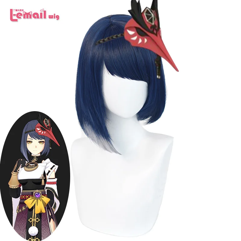 

L-email wig Genshin Impact Kujyo Sara Cosplay 35cm Blue Wig with Bangs Cosplay Wigs for Women Synthetic Hair Heat Resistant Game