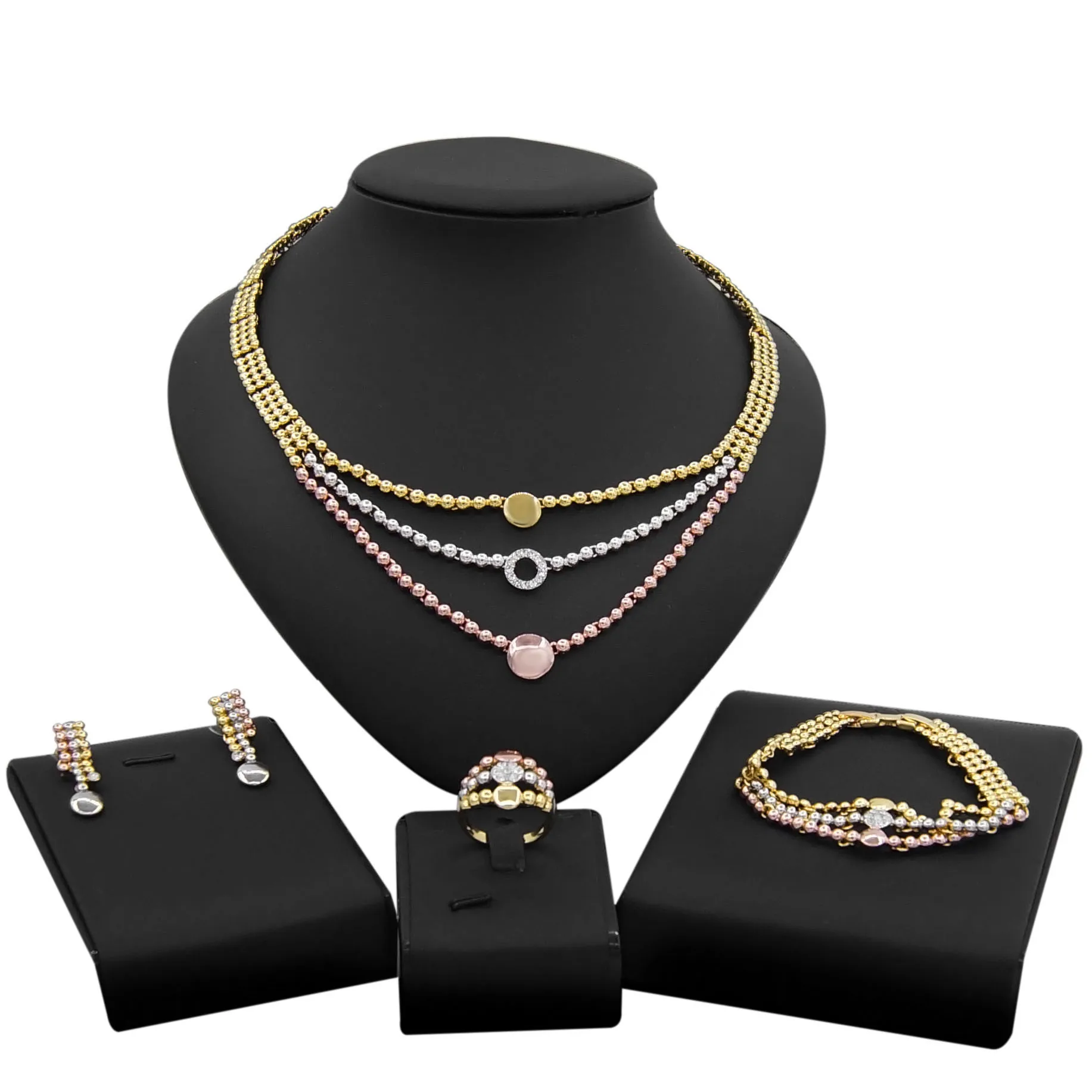Yulaili Fashion Dubai Gold Jewelry Sets Tricolor Necklace Stud Earrings Charm Bracelet Ring Wedding Bride Jewelery Set Wholesale
Yulaili Fashion Dubai Gold Jewelry Sets Tricolor Necklace Stud Earrings Charm Bracelet Ring Wedding Bride Jewelery Set Wholesale