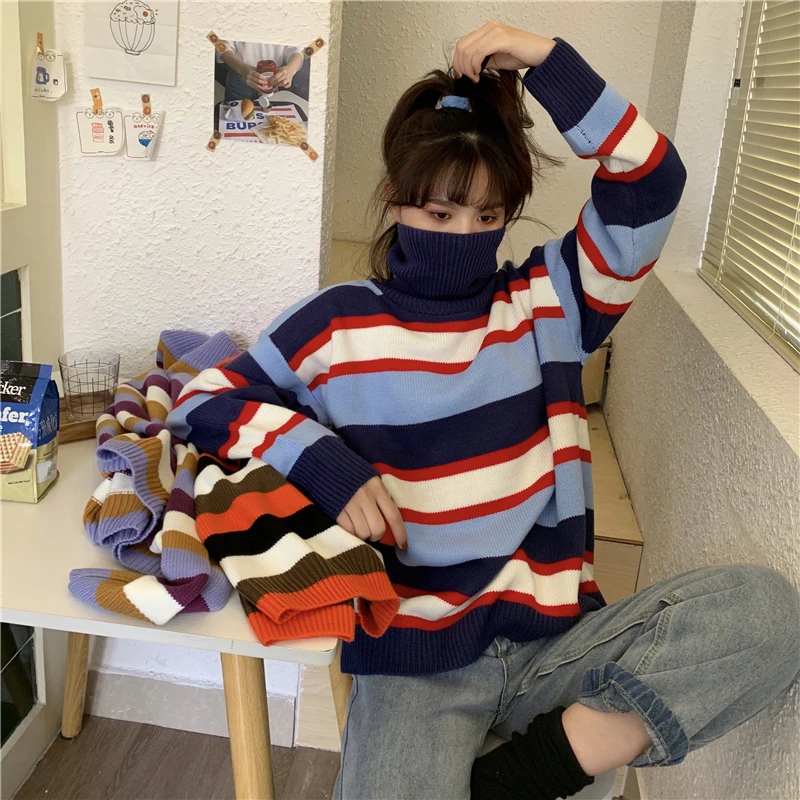 Winter Women Sweaters Couple Pullove turtleneck Loose sweater Korean Striped knit Jumpers Oversized Autumn Female Harajuku Tops
Winter Women Sweaters Couple Pullove turtleneck Loose sweater Korean Striped knit Jumpers Oversized Autumn Female Harajuku Tops