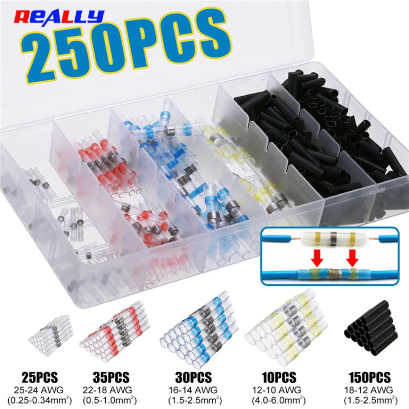 250Pcs Mix Heat Shrink Tube Solder Seal Wire Connectors Spring Shrink Connectors Waterproof Solder Butt Connector Kit 
250Pcs Mix Heat Shrink Tube Solder Seal Wire Connectors Spring Shrink Connectors Waterproof Solder Butt Connector Kit