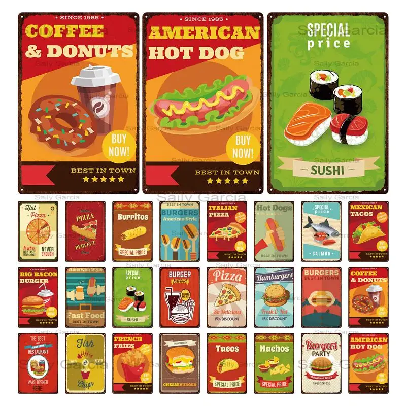 Fast Food Tin Sign Metal Plates Burger Taco Hot Dog Junk Food Sushi Metal Sign Wall Stickers for Fast Food Shop Restaurant
Fast Food Tin Sign Metal Plates Burger Taco Hot Dog Junk Food Sushi Metal Sign Wall Stickers for Fast Food Shop Restaurant