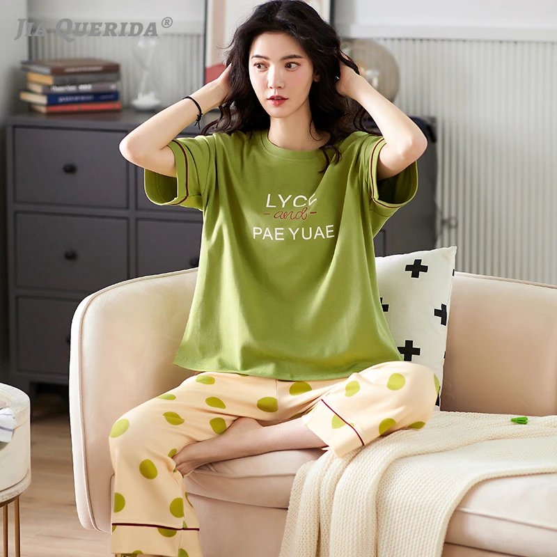 Pajama Set Women Summer New Short Green Top+polkat Dot Calf-length Pants Chic Korean Loose Size 100% Cotton Fashion Home Clothes 
Pajama Set Women Summer New Short Green Top+polkat Dot Calf-length Pants Chic Korean Loose Size 100% Cotton Fashion Home Clothes