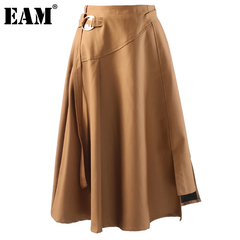 

Женская юбка с высокой талией EAM, черная Асимметричная трапециевидная юбка цвета хаки с пряжкой, весна-осень 2021, 1DE3374