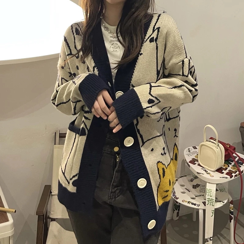 Preppy style Women Autumn winter Cartoon V neck Cardigan Sweater coat Female Outwear long sleeve Knitted tops (C8383
Preppy style Women Autumn winter Cartoon V neck Cardigan Sweater coat Female Outwear long sleeve Knitted tops (C8383