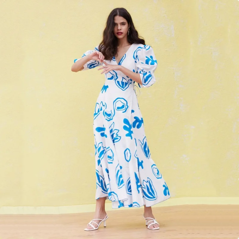 Vintage Blue Print Maxi Dress Women Lantern Sleeve Vneck Long Dress Elegant Female Party Dresses Woman Lapis Dress Vestido Robe
Vintage Blue Print Maxi Dress Women Lantern Sleeve Vneck Long Dress Elegant Female Party Dresses Woman Lapis Dress Vestido Robe