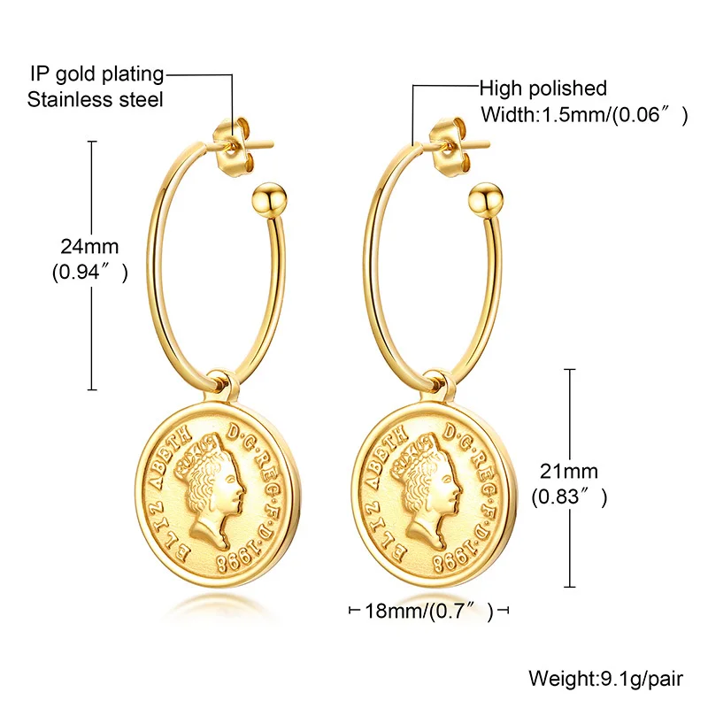 

Vnox Elizabeth Coin Hoop Earrings for Women, Gold Color Stainless Steel Round Drop Dangle Ear Jewelry, Chic Lady Punk Accessory