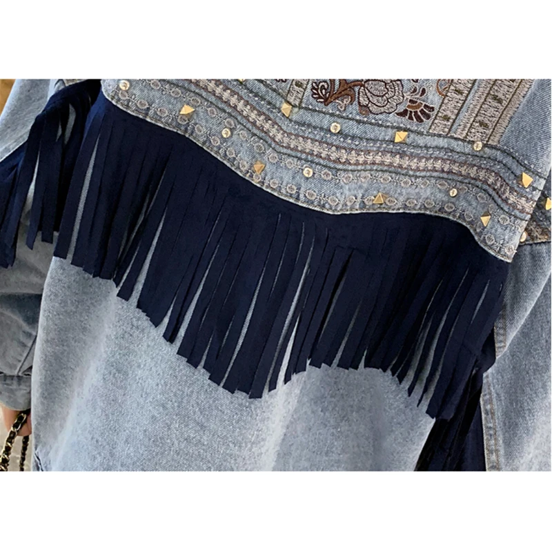 Fashion Denim Jacket Women 2020 Spring Autumn New Loose Embroidery Rear Back Tassel Beading Vintage Jeans Tops G092 | Женская одежда