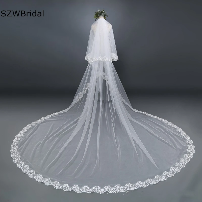 

New Arrival Lace Edge Cathedral Wedding veils Two Layers Cheap Bridal Veil Velo de novia Wedding accessoires mariage