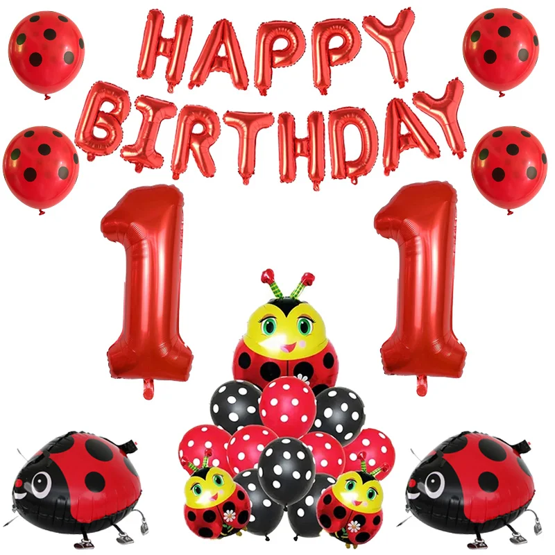 

Ladybug Birthday Decoration Ladybird Balloon Lady Bug Ballon Red Black Polka Dot Latex Golobs Foil HBD Letter Flag