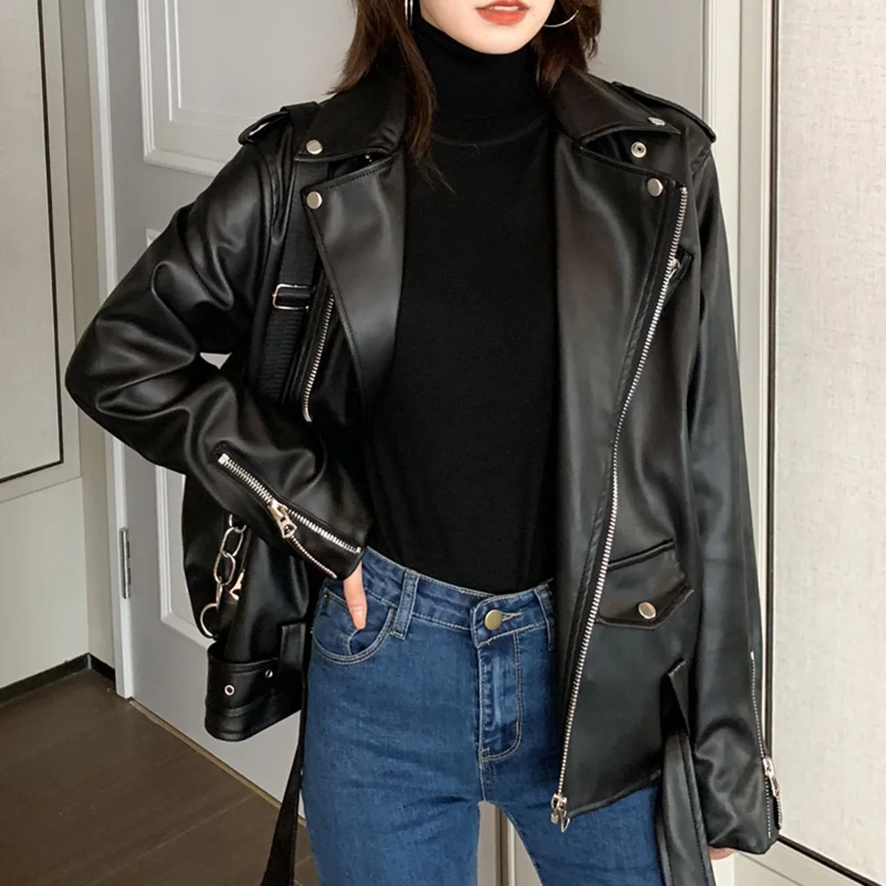 NEW 2021 Motorcycle Faux Leather Jacket Women High Quality PU Coats Autumn Winter Jackets Oversize Belt Zipper Gothic Black
NEW 2021 Motorcycle Faux Leather Jacket Women High Quality PU Coats Autumn Winter Jackets Oversize Belt Zipper Gothic Black