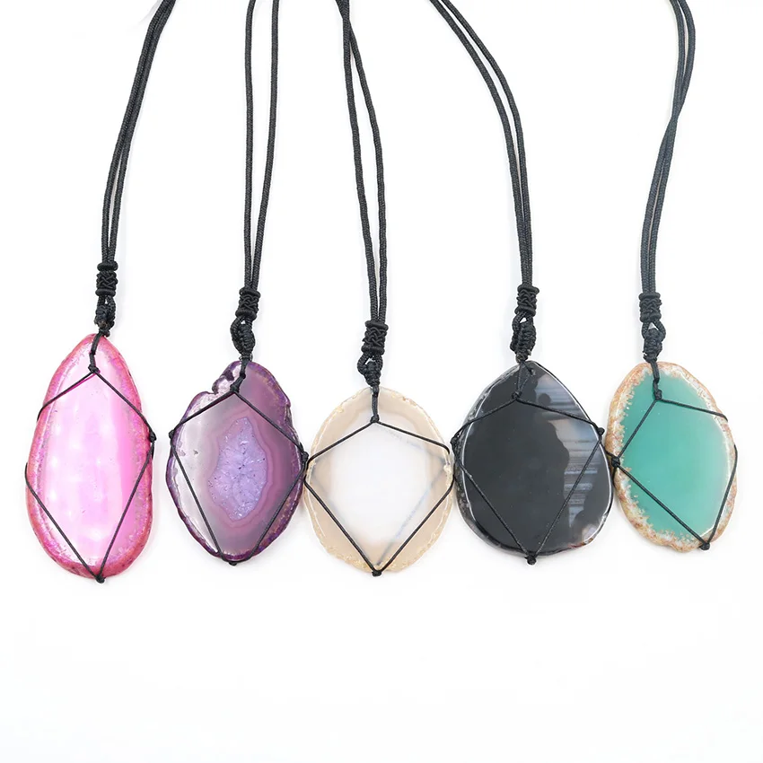 

FYSL Handmade Weave Irregular Shape Many Colors Agates Pendant Rope Chain Necklace Ethnic Style Jewelry