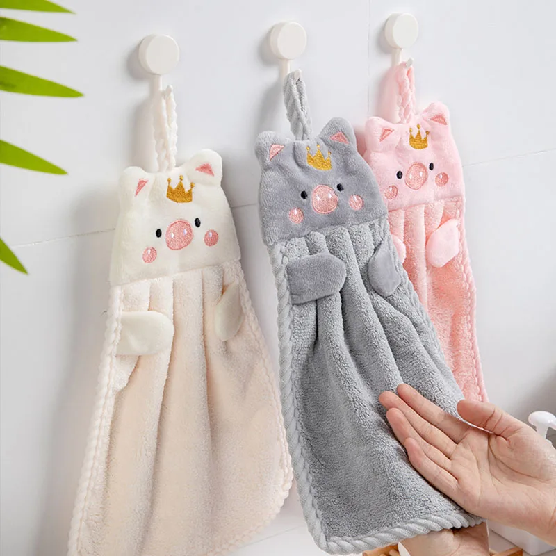 

2Pcs Coral Velvet Bathroom Supplies Hand Towel Absorbent Cloth Dishcloths Hanging Cloth Cartoon Pig Handkerchief Baby Burp Towel