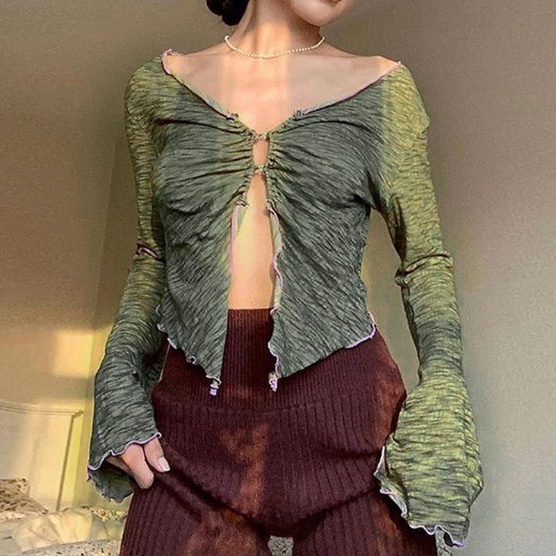Women Open Front Crop Tops Spring Autumn Ladies Sexy V-Neck Long Sleeve Central Clasp Lettuce Trim Shirts Green Blue
Women Open Front Crop Tops Spring Autumn Ladies Sexy V-Neck Long Sleeve Central Clasp Lettuce Trim Shirts Green Blue