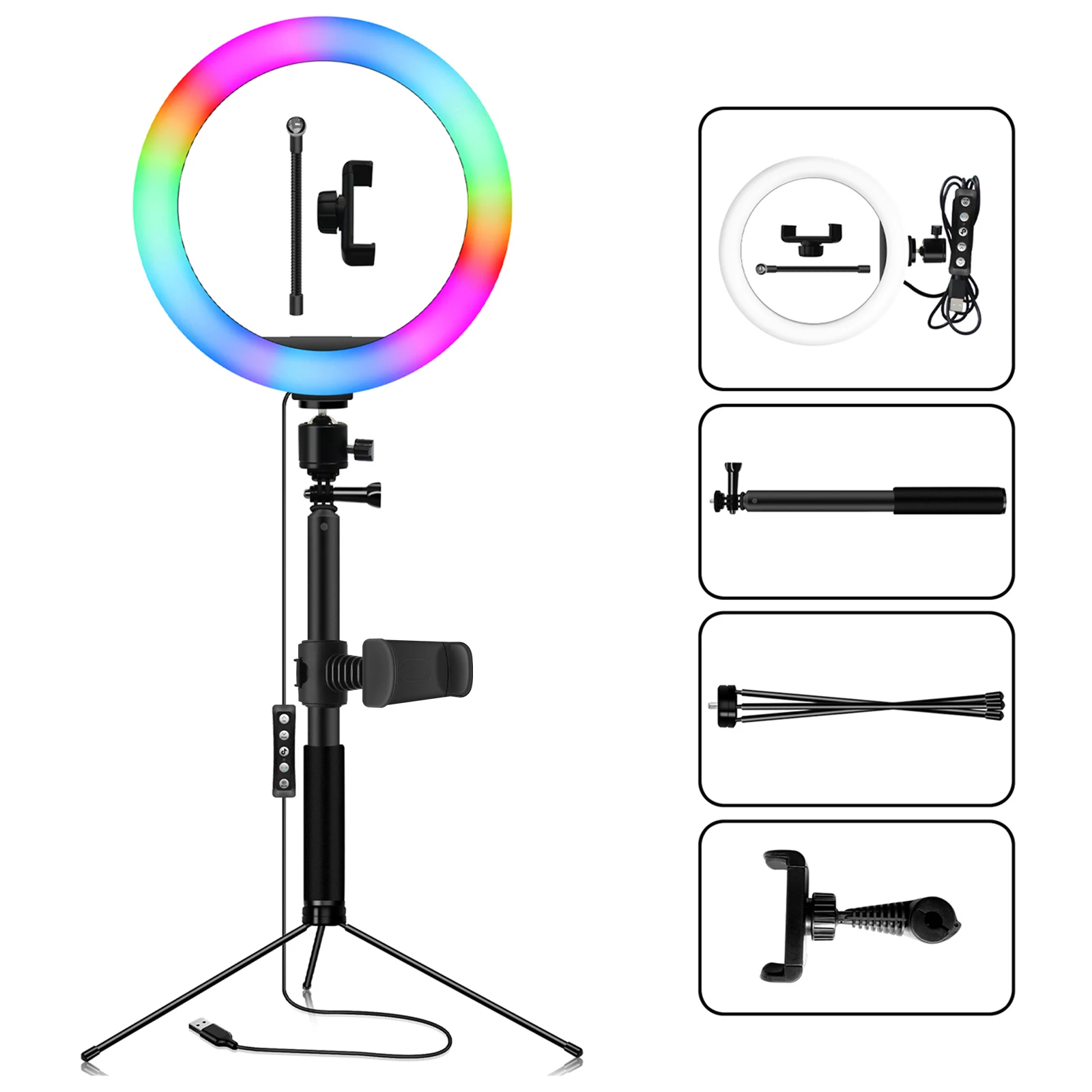 

10" Selfie LED Fill Light with Tripod Stand Cellphone Holder RGB Dimmable LED Ring Light Set for Youtube Live Stream Photography