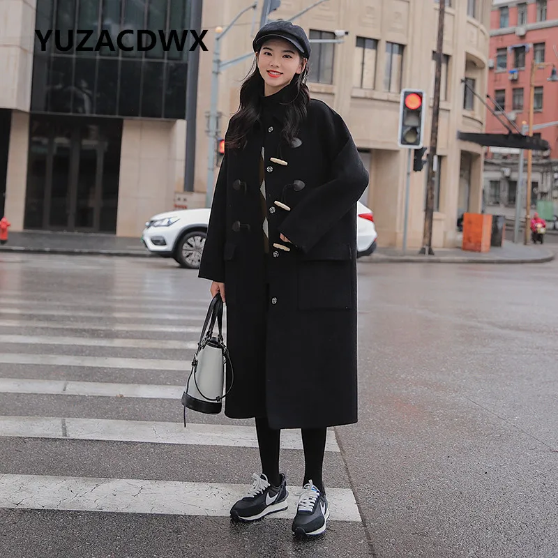 

YUZACDWX 2021 New Long Women Overcoat Horn Button Wool Blend Coat for Lady Winter Outerwear Female Clothes Thick Warm Black
