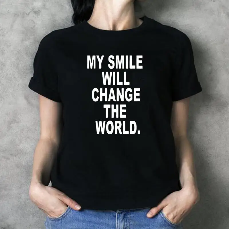 Футболка женская с надписью MY SMILE WILL CHANGE THE WORLD, повседневный топ с коротким рукавом, в стиле Харадзюку, на лето
Футболка женская с надписью MY SMILE WILL CHANGE THE WORLD, повседневный топ с коротким рукавом, в стиле Харадзюку, на лето