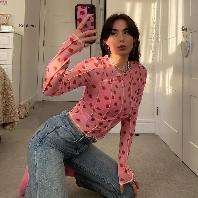 Women Summer Casual Print Strawberry Cute Sweet Slim Long Sleeve Mesh Pink T Shirt New Casual Streetwear Wild Tee Hot
Women Summer Casual Print Strawberry Cute Sweet Slim Long Sleeve Mesh Pink T Shirt New Casual Streetwear Wild Tee Hot