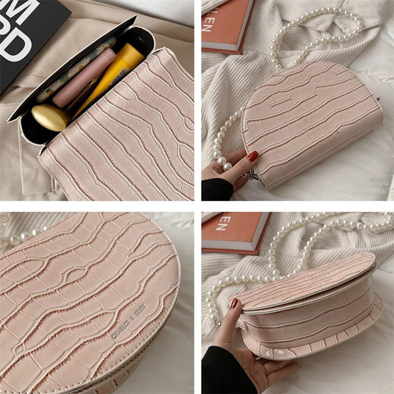 Trend Crocodile Print Saddle Crossbody Bags For Women Fashion Pearl Strap High Quality Half Moon Clutch Purse For Phone 2021 NEW 
Trend Crocodile Print Saddle Crossbody Bags For Women Fashion Pearl Strap High Quality Half Moon Clutch Purse For Phone 2021 NEW