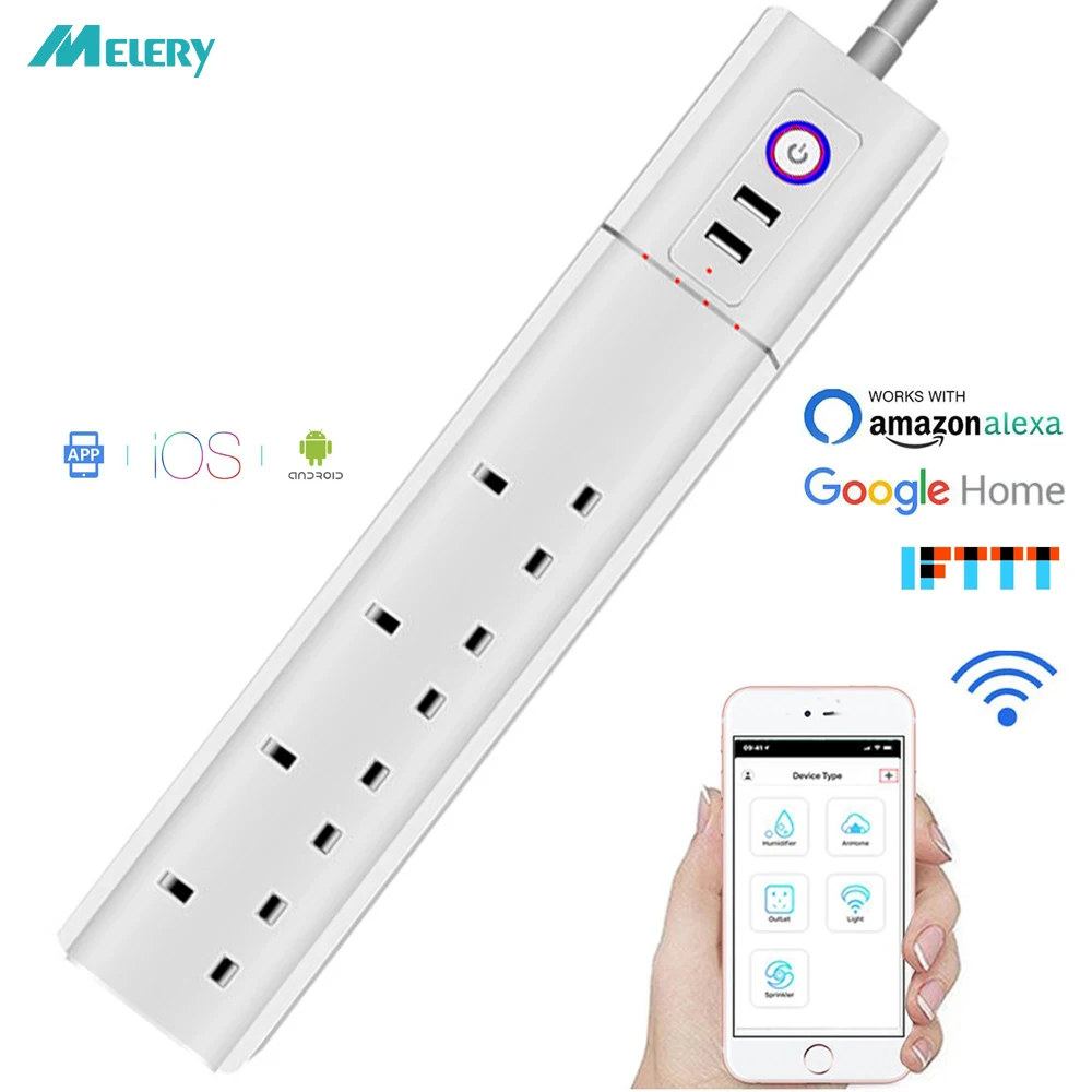Умная Wi Fi полоса питания штепсельная вилка Великобритании с USB защитой от