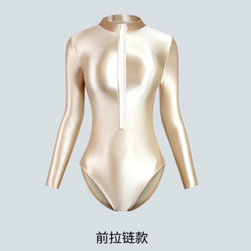

DROZENO Sparkly Spandex One Piece Long Sleeve Leotard Swimsuit Tight-fitting silky glossy high-fork one-piece swimsuit women's