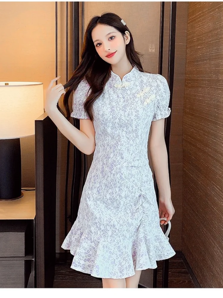 Chiffon Slim Chinoiserie Women's Dress New Casual Dresses Fashion Puff Short Sleeves Mid-length Fishtail Hem Summer Houthion
Chiffon Slim Chinoiserie Women's Dress New Casual Dresses Fashion Puff Short Sleeves Mid-length Fishtail Hem Summer Houthion