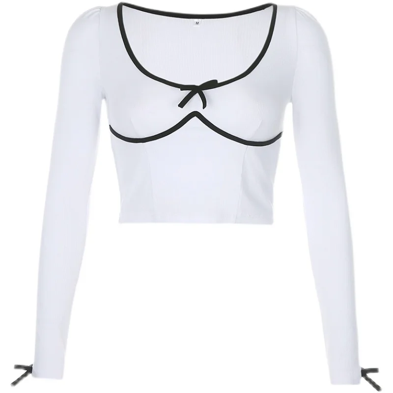 Long Sleeve Ribbed Square Neck Women's T-shirt Bow Decoration Patchwork Casual Crop Tees Spring 2021 New Slim Women Loungewear
Long Sleeve Ribbed Square Neck Women's T-shirt Bow Decoration Patchwork Casual Crop Tees Spring 2021 New Slim Women Loungewear