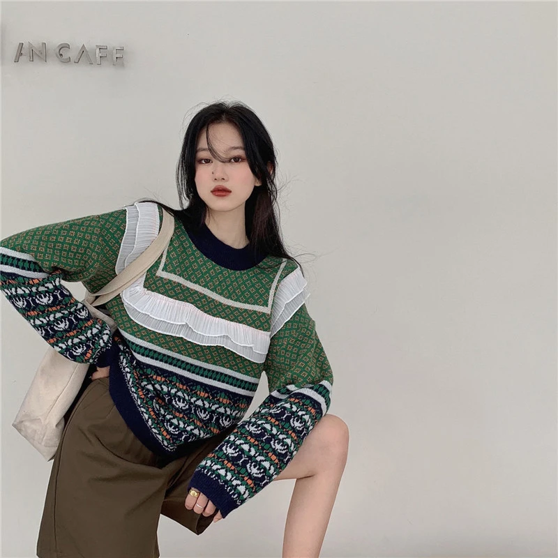 Vintage Women Knitted Fashion Loose Sweater Autumn Winter V Neck Patchwork Long Sleeve Harajuku Female Pullover Jumper
Vintage Women Knitted Fashion Loose Sweater Autumn Winter V Neck Patchwork Long Sleeve Harajuku Female Pullover Jumper