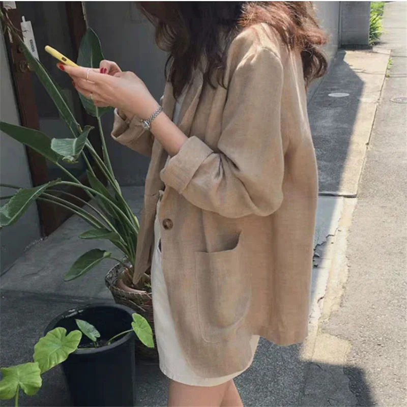 Khaki Cotton Linen Jacket Spring Summer Women's Blazer V-Neck Full Sleeve Pockets Female Casual Outer Wear Blazer
Khaki Cotton Linen Jacket Spring Summer Women's Blazer V-Neck Full Sleeve Pockets Female Casual Outer Wear Blazer