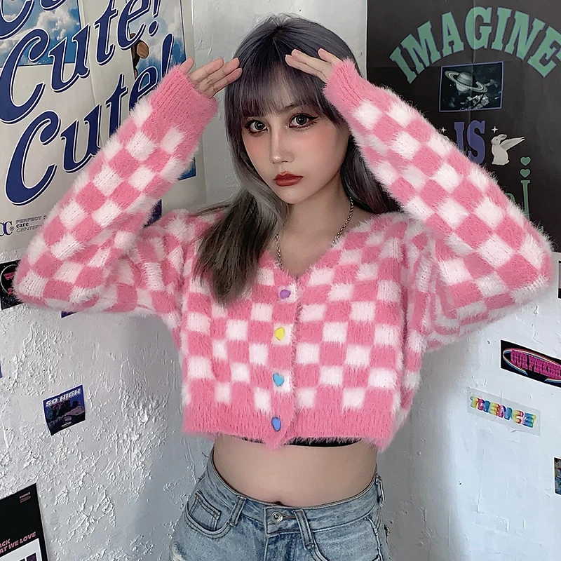 Vintage Plaid Crop Cardigans Women Autumn Winter Long Sleeve Pink Sweater Female Korean knitwear cropped cardigan sueter mujer
Vintage Plaid Crop Cardigans Women Autumn Winter Long Sleeve Pink Sweater Female Korean knitwear cropped cardigan sueter mujer