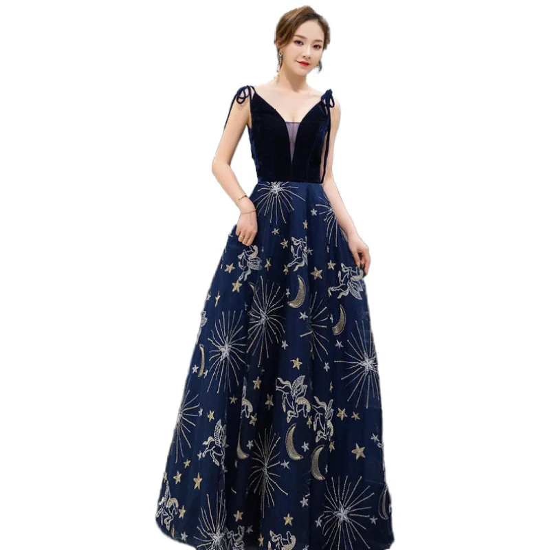 2020 New Banquet Evening Dress Elegant Navy Color Ladies Party Sequined Dinner Host Dress Long 
2020 New Banquet Evening Dress Elegant Navy Color Ladies Party Sequined Dinner Host Dress Long
