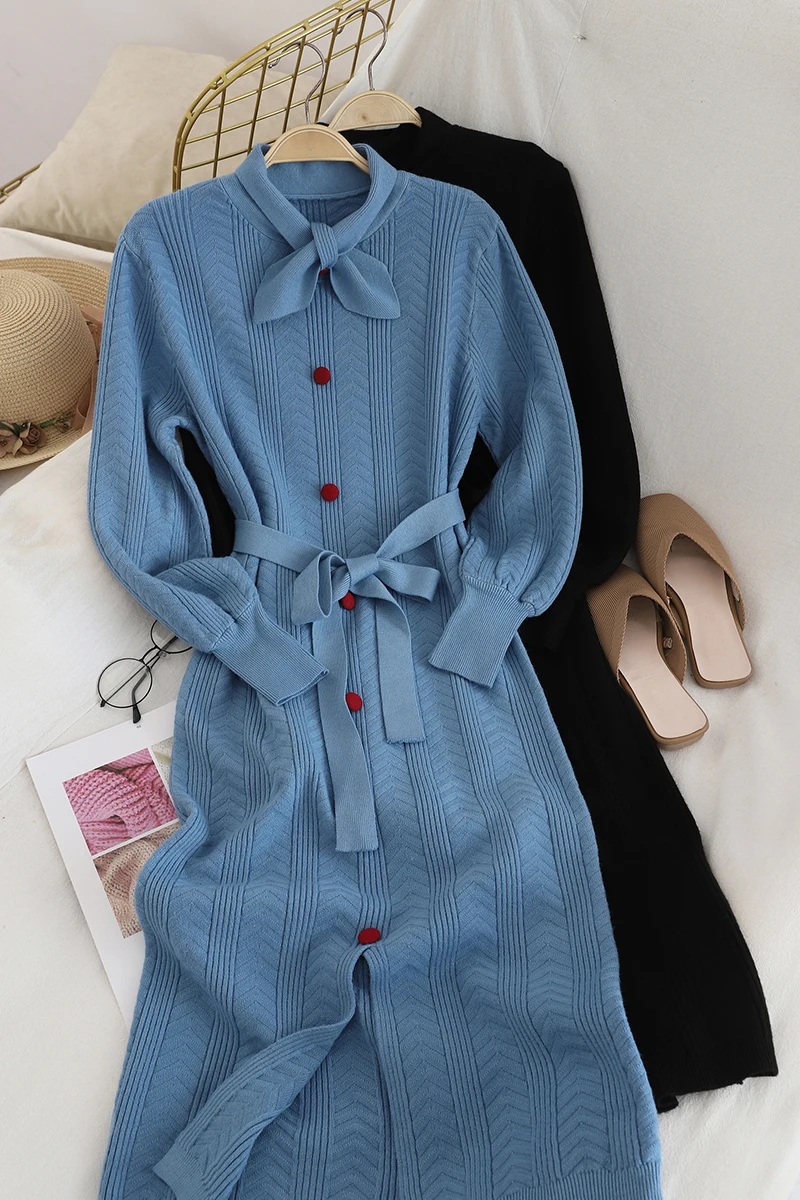 Black/Blue Bow Collar Knitted Dress Women Casual Long Sleeve Single Breasted Dresses Female Vestidos With Sashes Autumn Winter
Black/Blue Bow Collar Knitted Dress Women Casual Long Sleeve Single Breasted Dresses Female Vestidos With Sashes Autumn Winter