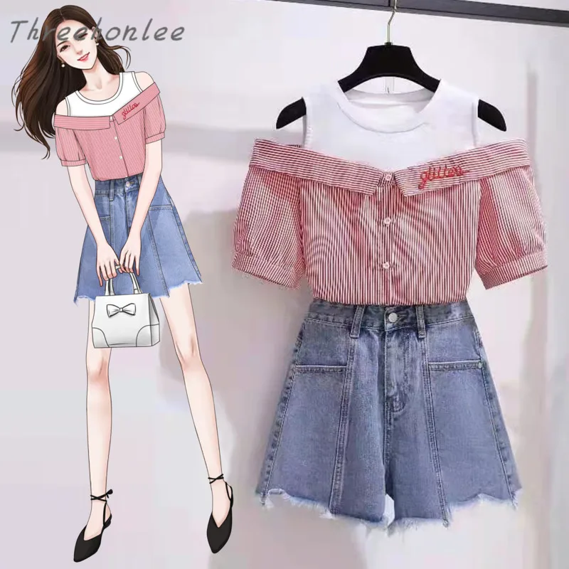 Женский Повседневный костюм из двух предметов, Однотонная рубашка в полоску с круглым вырезом и джинсовые шорты, милый женский костюм из дв...
Женский Повседневный костюм из двух предметов, Однотонная рубашка в полоску с круглым вырезом и джинсовые шорты, милый женский костюм из дв...